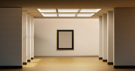 a hallway and a light fixture in it and a wooden floor and a white wall with columns, 3D render