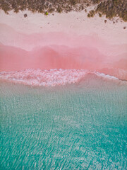 Bird view of Pink Beach, Bima, West Nusa Tenggara. Enjoy tropical sunshine with warm weather