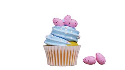 fancy cupcake with blue cream and pink easter eggs frosting sprinkles sweet dessert 3D rendering