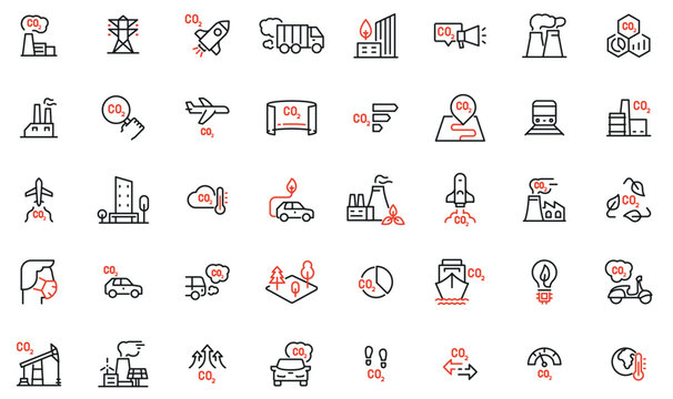 Vector Collection Of Linear Icons Related To Increasing Environmental Pollution. Emission Of Carbon Dioxide. Mono Line Pictograms And Infographics Design Elements