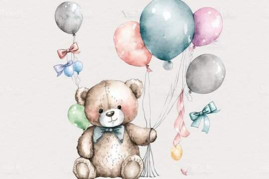 teddy bear holding colorful balloons in a watercolor painting. Generative AI
