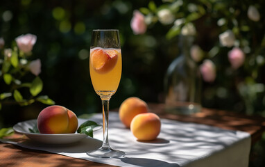 A Bellini cocktail stands amidst a sunlit garden tableau, a peach heart garnish adding a touch of whimsy to this refreshing scene.