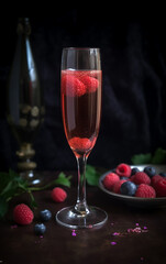 A single glass of Kir Royale garnished with raspberries, set against a dark background with scattered berries, creating an elegant and festive mood.