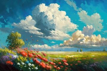 colorful flower field with a cloudy sky backdrop. Generative AI