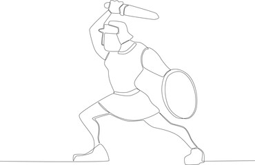 A warrior practicing with a sword. Ancient warrior one-line drawing