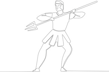 A warrior using a spear. Ancient warrior one-line drawing