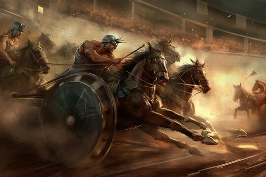Captivating digital illustration of a high-stakes Roman chariot race, showcasing the excitement, danger, and expertise of ancient racers. generative ai