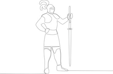 A warrior stood up brandishing a sword downwards. Ancient warrior one-line drawing