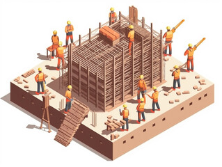 Illustration of the construction site during daytime. Isometric view cartoon style on white background. Construction workers are busy doing their job. 