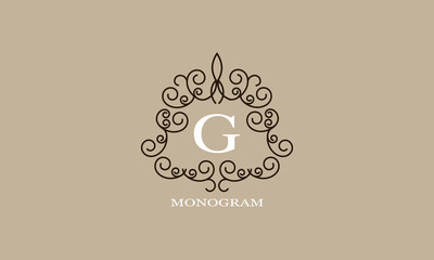 Logo template with elements of calligraphic elegant ornament and letter G in the center. Identity design for shop or cafe, store, restaurant, boutique, hotel, heraldry shop, fashion, etc.