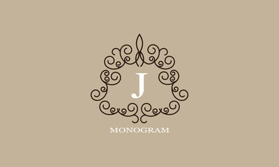 Logo template with elements of calligraphic elegant ornament and letter J in the center. Identity design for shop or cafe, store, restaurant, boutique, hotel, heraldry shop, fashion, etc.