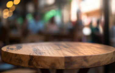 Empty Beautiful wood table  top and blur cafe  with light circle bokeh interior background in clean and bright, Ready for product montage