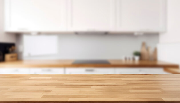Empty beautiful wood table  top counter  and blur bokeh modern kitchen interior background in clean and bright, Ready,white background, for product montage