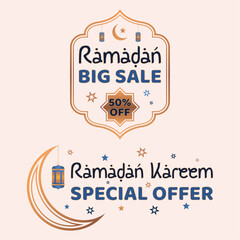 Ramadan sale stickers with blue, orange, yellow and brown colors on the light (cream) background.
