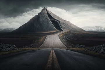 winding road leading towards a majestic mountain landscape. Generative AI