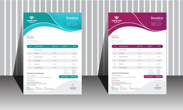 Modern Corporate Business Invoice design template vector illustration bill form price invoice. Creative invoice template vector. business stationery design payment agreement design template