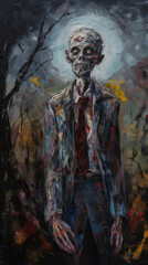 Colorful Zombie Painting, Full Moon, Haunted Forest, Dark Humor, Generative AI
