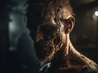 Close-up Zombie Face, Decaying Skin, Dark Abandoned Building, Realistic Photography, Generative AI