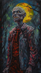 Fototapeta na wymiar Colorful Zombie Painting, Full Moon, Haunted Forest, Dark Humor, Generative AI 