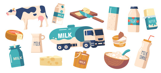 Milk And Dairy Products Icons Set. Fresh, High-quality Dairy Items Such As Cheese, Yogurt, Butter, And Milk Truck