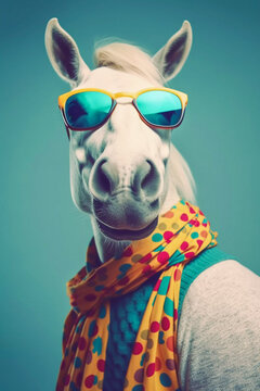 Hipster funny horse take selfie photo, funny antrophomorfic animals, Generative AI