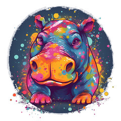 A very colorful portrait of a cartoon Hippo
