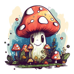 A very colorful portrait of a cartoon mushroom.