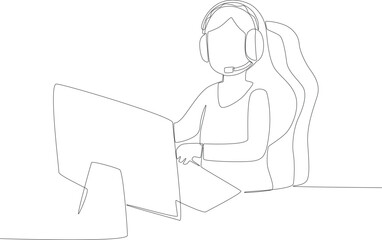A woman playing games on a PC and wearing a headset. Online gaming one-line drawing