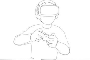 A gamer plays online games with a set of gaming devices. Online gaming one-line drawing
