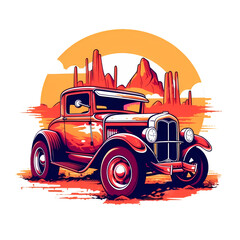 A very colorful portrait of a Classic Car in a Desert Setting