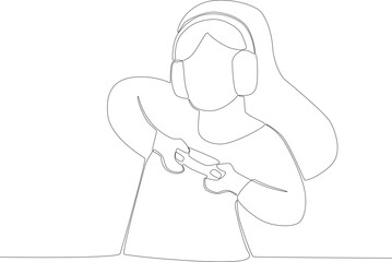 A woman is passionate about playing online games. Online gaming one-line drawing
