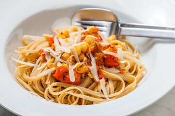 pasta tagliatelle with tomato sauce and chickpeas