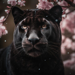 Black panther closeup portrait in cherry bloom flowers
