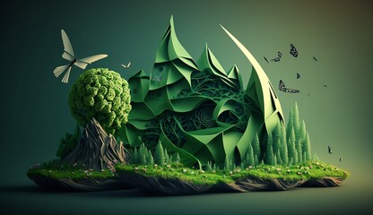 Abstract background with landscape green energy , nature, fresh air and eco world in paper art and craft design concept.  Created using generative AI.