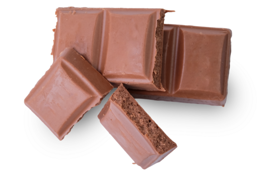 A pile of pieces of chocolate chips on white background