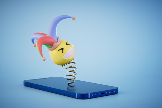 smartphone from which a smiley face flies out on a blue background on a spring. 3D render