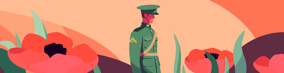 Anzac Day Tribute: Pastel Illustration with Poppy and Soldier. Capture the spirit of Anzac Day with this touching stock photo featuring a flat illustration in vector format.