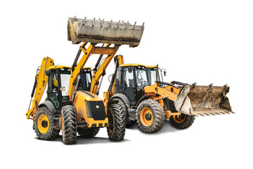 Two heavy front loaders or bulldozers on a white isolated background. Construction equipment and transport. Transportation and movement of bulk materials. Excavation. Element for design.