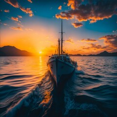 Yacht in the sea at sunset. Dramatic and picturesque scene. Generate AI