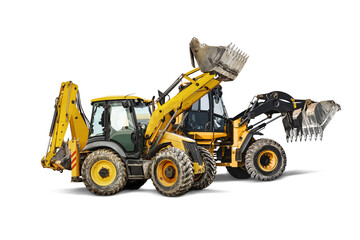 Two heavy front loaders or bulldozers on a white isolated background. Construction equipment and...