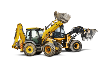 Two heavy front loaders or bulldozers on a white isolated background. Construction equipment and transport. Transportation and movement of bulk materials. Excavation. Element for design.