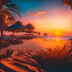 Beautiful sunset on the tropical beach and sea with coconut palm tree. Generate AI