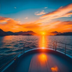 Beautiful sunset over the sea. Sunset over the sea. View from the deck of a yacht. Generate AI