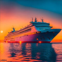 Cruise ship in the sea at sunset. Colorful sunset. Generate AI