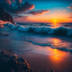 Beautiful sunset on the beach. Dramatic seascape. Generate AI