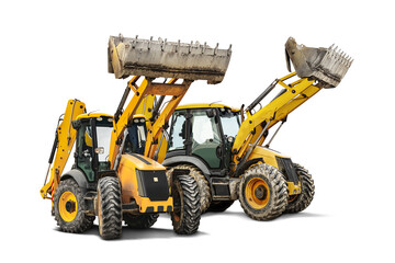 Two heavy front loaders or bulldozers on a white isolated background. Construction equipment and transport. Transportation and movement of bulk materials. Excavation. Element for design.