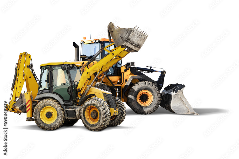 Wall mural two heavy front loaders or bulldozers on a white isolated background. construction equipment and tra