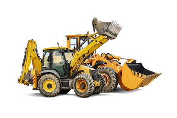 Two heavy front loaders or bulldozers on a white isolated background. Construction equipment and transport. Transportation and movement of bulk materials. Excavation. Element for design.