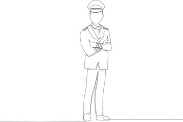 A pilot standing in full pilot attire. Pilot and plane one-line drawing