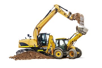 Excavator and bulldozer loader close-up on a white isolated background.Construction equipment for...